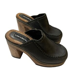 ⭐️ Vintage Candie’s Black Leather Clogs Made in Brazil - Y2K Chunky Wooden Heels